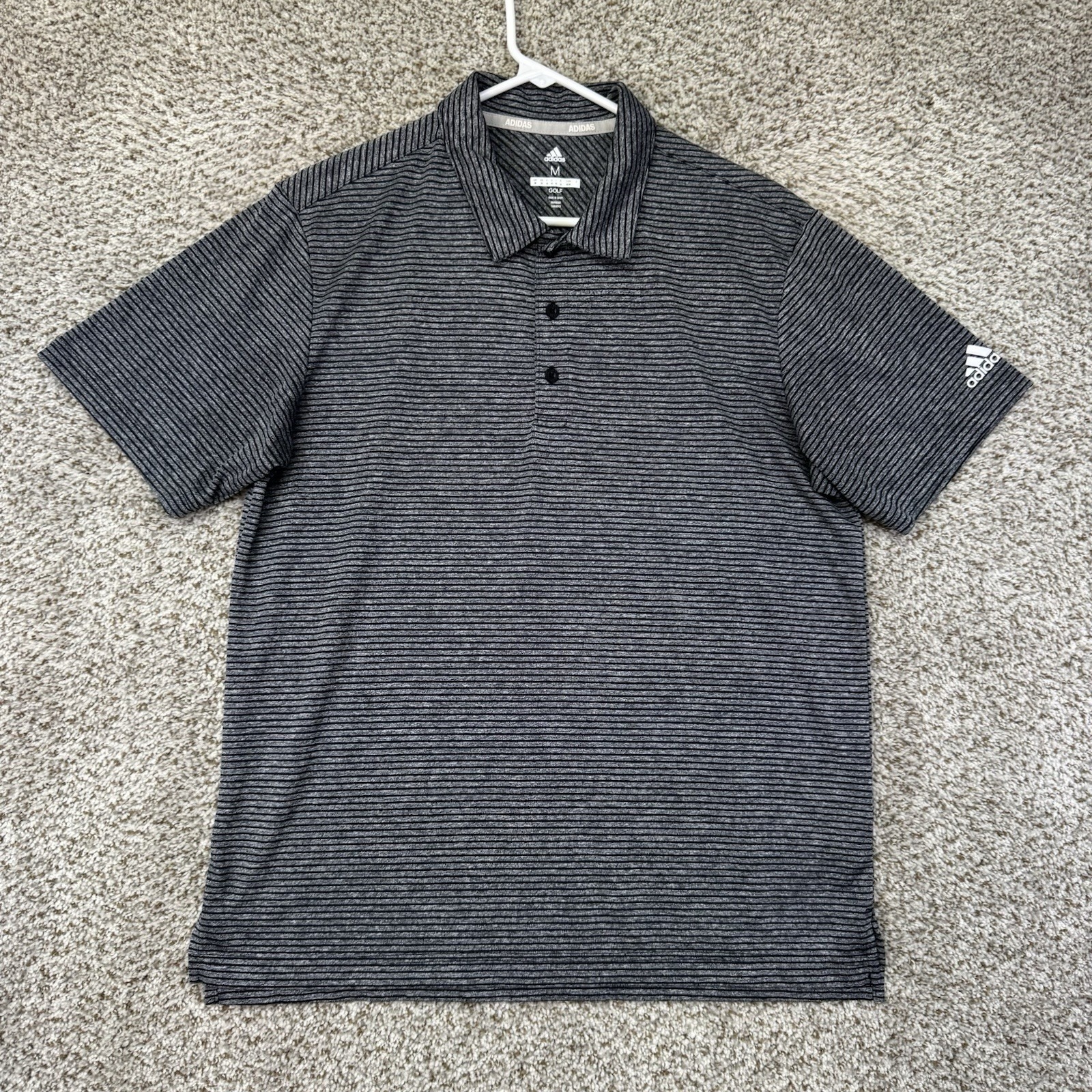 Adidas Gold Polo Shirt Men's Size Medium Heather Gray Black Stripes Performance